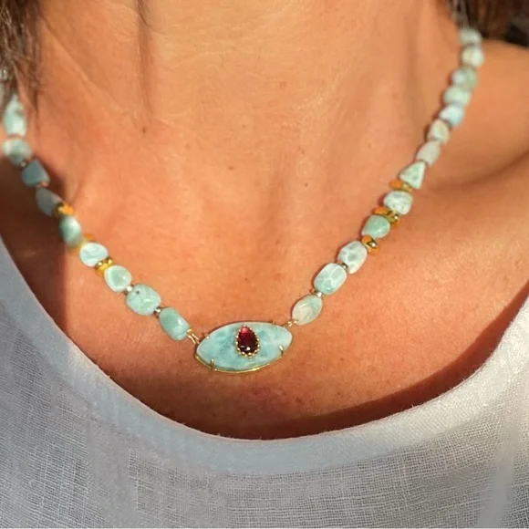 Larimar beaded natural gem stone necklace - Picture 2 of 9
